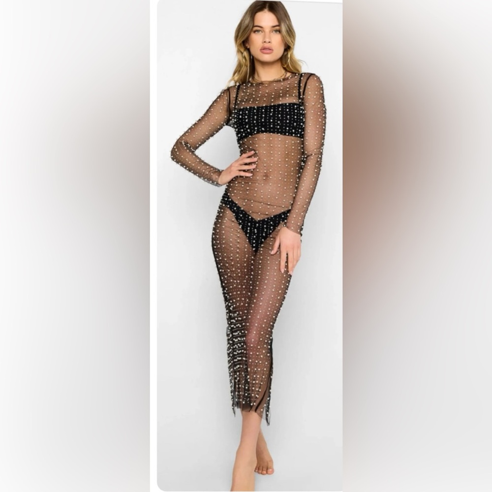 Chic Sheer Black Dress with Pearl Details Champagne nights mesh dress